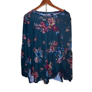 Lildy Floral Bishop Sleeve Tunic Women S-M Teal Round Hem Top NWT Top